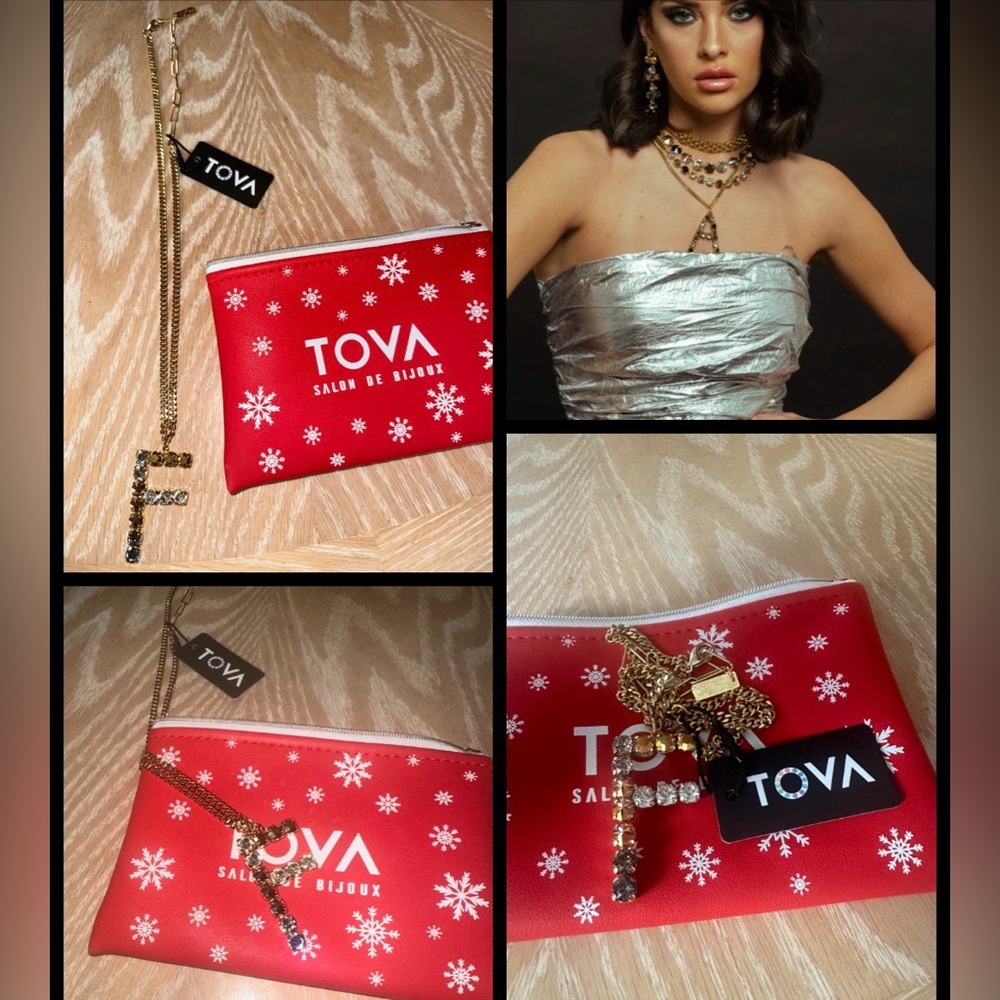 NWT TOVA Swaroski Monogram Necklace In Metallic In Letter (F) $88 MSRP